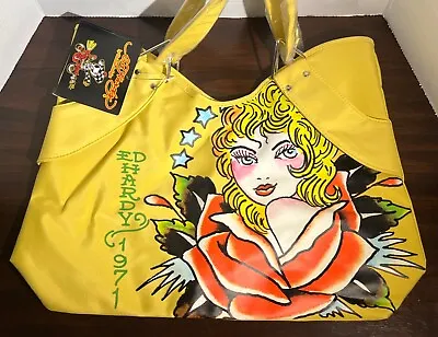 Ed Hardy Large Yellow Nylon Tote Bag Purse Veronica Rose Pin Up Tattoo NWT • $42.50