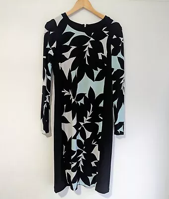 Maggy London Pencil Midi Dress Black Leaf Geometric Long Sleeve || UK 18/USA 14 • £21.99