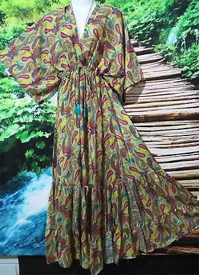 Boho Art Silk Pretty Kimono Sleeve Kaftan Ruffled  Long  Dress Regular  14 - 18# • $35