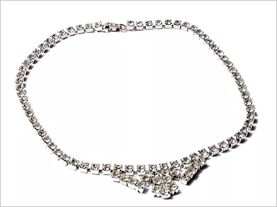 Vintage Czech Silver Tone Plate Clear Glass Rhinestone Necklace Party Wedding • $18