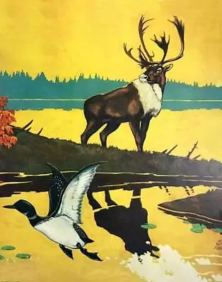 Colorful Old Art Elk Ducks Lake By Abbott • $16.95