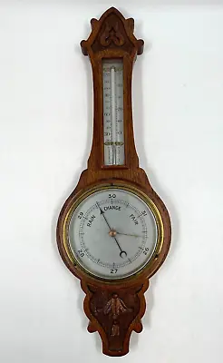 Vintage Banjo Barometer Carved Wood Wall Hanging 47cm Thermometer T2750 C3596 • £24.99