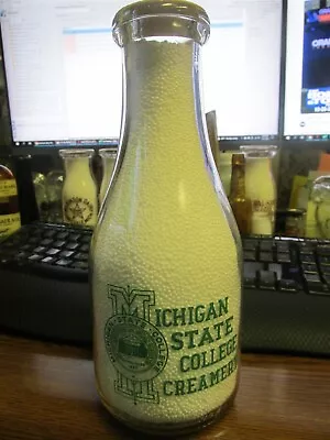 Michigan State College East Lansing Mich. TRPQ Milk Bottle Tall Round Pyro Quart • $112.50