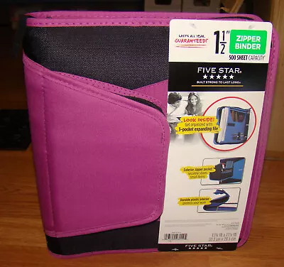 Five Star 1-1/2 Inch Zipper Binder 3-Pocket Expanding File Durable Purple • $25