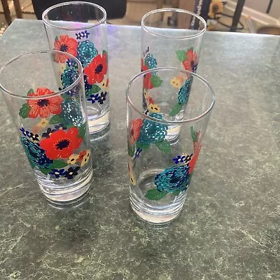 4 Pioneer Woman Dancing Dahlia’s Glass Red & Blue Floral Tumblers • $18