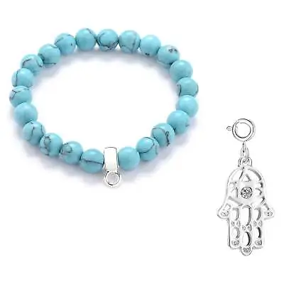 Hamsa Hand Synthetic Turquoise Gemstone Charm Bracelet By Philip Jones • £10.99