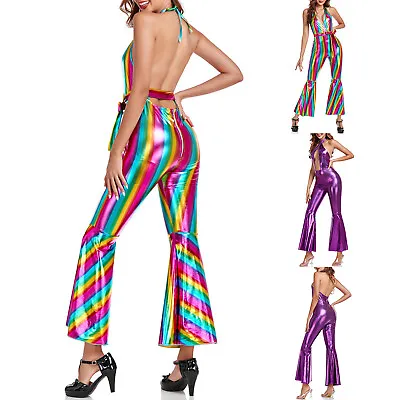 Womens 70s Disco Costume Halter Clubwear Shiny Jumpsuit Deep V Neck Catsuit • £40.79