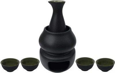 Hot Sake 7pcs Set 1 Candle Stove 1 Warming Mug 1 Sake Pot And 4 Sake Cups Black • $66.66