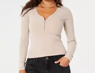 Hollister Cozy Ribbed Seamless Fabric Henley Long Sleeve Top Light Brown (Large) • £22