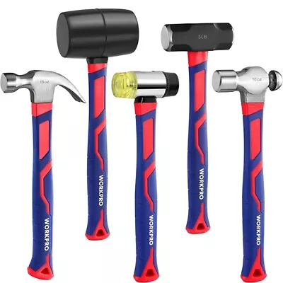 WORKPRO Hammer Set 5PC 16oz Claw Hammer 32oz Rubber Mallet 3lb Sledge Hammer Set • $40.99