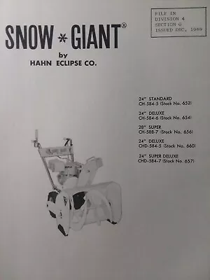 Hahn Eclipse Snow Giant Walk-Behind Snow Thrower Parts Manual CH-584-5 CHD-584-7 • $47.99