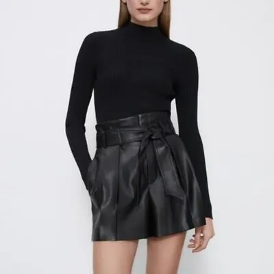 $37 • Buy Zara Black Faux Leather Pleated Gathered High Waisted Belted Shorts 3  Inseam M