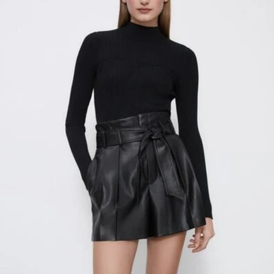 Zara Black Faux Leather Pleated Gathered High Waisted Belted Shorts 3  Inseam M • $38.85