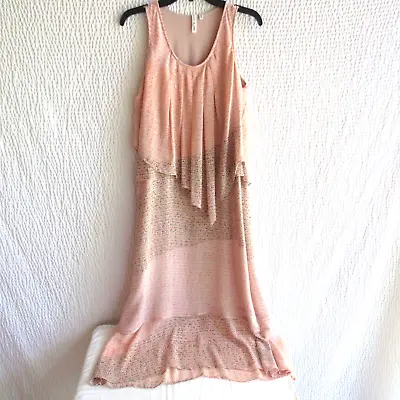 Flattering Maxi Dress S Tiered Layered Pink Green Chiffon Ombre Graphic Print • $12