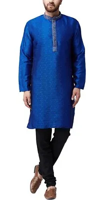 Men’s Silk Jacquard Long Kurta And Churidaar Size XXL 44 Blue • £29.99