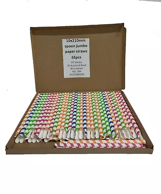 65pc - 10x210mm Jumbo Stripe Wide Paper Slush Milkshake Smoothie Spoon Straws • £6.95