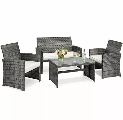 Costway HW50276 Rattan Patio Furniture Set With White Cushions - 4 Piece • $199.99