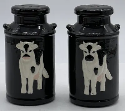 Vintage Milk Jug Farm Dairy Cow Salt & Pepper Shakers Black White Rubber Seals • £13.29