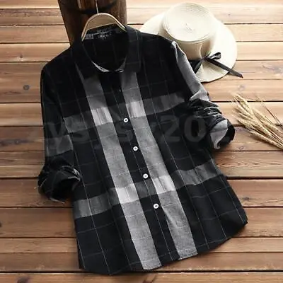 ZANZEA Womens Retro Check Plaid Tunic Tops Long Sleeve Casual Loose Shirt Blouse • £10.98