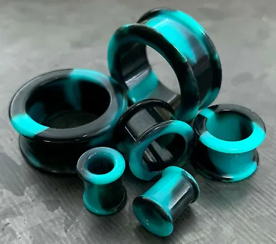 PAIR Teal & Black Swirl Galaxy Silicone Tunnel Plugs Double Flare Earlets Gauges • $11.95