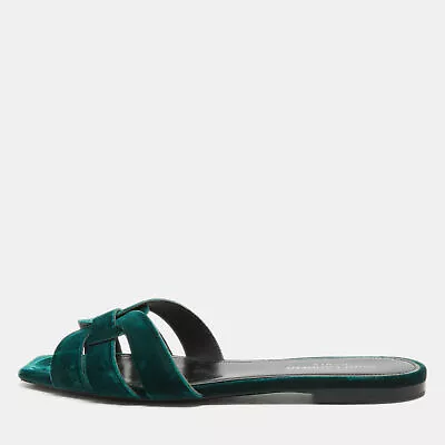 Yves Saint Laurent Green Velvet Tribute Flat Slides Size 38.5 • £242.14