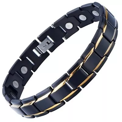 8.5  Mens Magnetic Steel Bracelet. Black With Gold Accent Lines. Fancy Box • $49.95