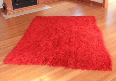 Vintage Red Australian Hand Woven Wool Flokati Shag Area Rug 1970s • $550