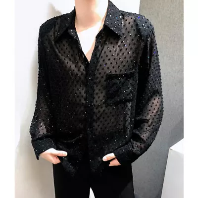 Mens Mesh Shirt Sheer Top Glitter Sequins See Through Party Cocktail Clubwear • $31.82