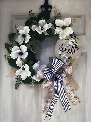 Outdoor Grapevine Magnolia Wreath Home Sweet Home Sign Striped Ribbon Free Ship • $82