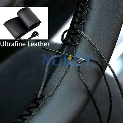$14.31 • Buy PREMIUM Leather DIY Car Steering Wheel Cover Breathable Anti-slip 38cm Black
