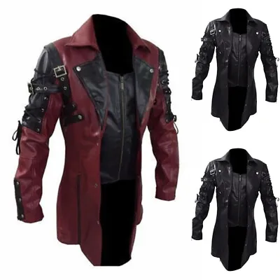 Mens Steampunk Gothic PU Leather Trench Outwear Motorcycle Biker Jacket Overcoat • $43.99