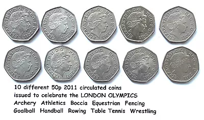 50p Coins 2011 Olympic Events: 10 X Used Condition Incl: GOALBALL And HANDBALL • £0.99