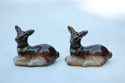 $10 • Buy Vintage Christmas Deer Fawn Salt And Pepper Shakers Ceramic Neck Wreaths Small