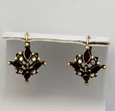 Vintage 1980-90s Brass Finish Faux Garnet Crystal Lever Back Pierced Earrings • $22.99