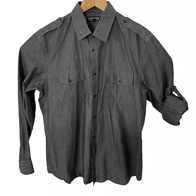 Express Utility Shirt Mens L Gray Double Pockets Button Front Roll-Up Sleeve • $19.96