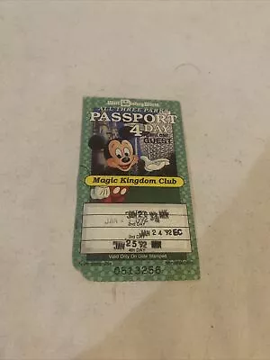 1992 Disney World All Three Parks 4 Day Passport 1 Ticket Magic Kingdom Club • $40