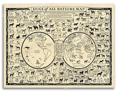 Dogs Of All Nations Map - 1936 Map Of World Dog Breeds Art Print Poster - 18x24 • $13.95