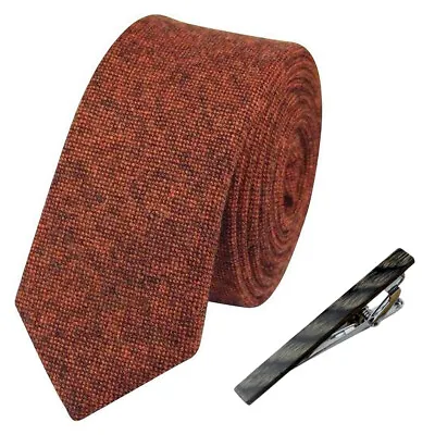 £28 • Buy New Rusty Burnt Orange Skinny Wool Tie And Charcoal Wooden Tie Clip Set