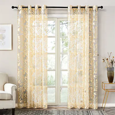 2Panels Geometric Floral Jacquard Voile Net Curtain Eyelet Ring Top Heading • £13.59