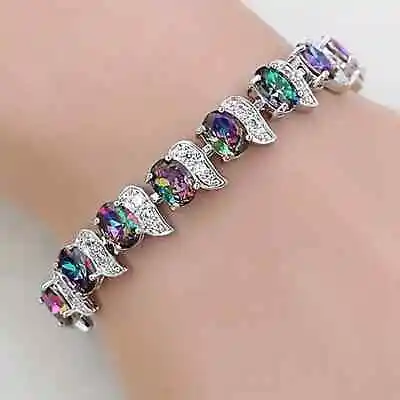 Elegant 925 Sterling Silver Fire Rainbow Mystical Topaz Fashion Jewelry Bracelet • $15.74