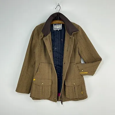 £75 • Buy Joules Tweed Field Coat Womens 8 Brown Check Wool Country Fieldcoat Jacket