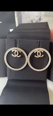 Brand New CHANEL  Round Large Hoop CC Crystal/Gold Earrings In Box With Recepit • $899