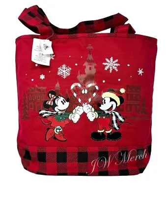 Disney Parks Holiday Mickey Mouse & Minnie Candy Cane Heart Canvas Tote Bag NEW • $21.95
