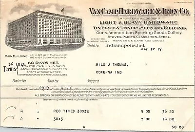 Van Camp Hardware Indianapolis IN 1917 Billhead Hardware Iron & Tin Plate • $11.04