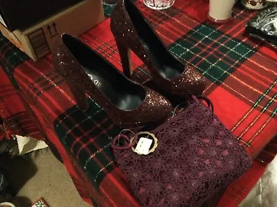 Sparkling Glittered Plum High Heeled Platform Shoes & Matching NWT Crochet Bag 7 • $39.99