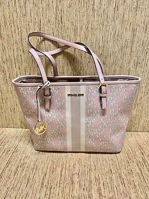 Michael Kors Jet Set Travel Carryall Tote Shoulder Bag Pink With Center Stripe • $195