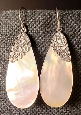 ATI Sterling Silver Mother Of Pearl Drop Earrings Scroll Design 925 • $39.95