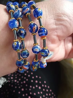 4b#: Beautiful Italian Millefiori Blue Glass Bead Wrap Bracelet • £8.50