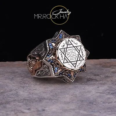 Seal Of SolomonStar Of DavidBlue Zircon StoneStar CaseArabic925 Silver Ring • £223.58