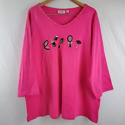 Quacker Factory 100% Pink Cotton V-Neck 3/4 Sleeve Women's Pullover Shirt   3X   • $24.99